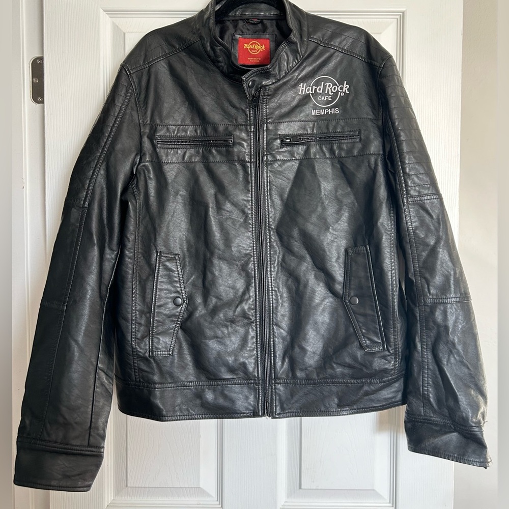 Hard Rock Cafe Memphis Black Faux Leather Jacket Biker Rock N Roll Size Large